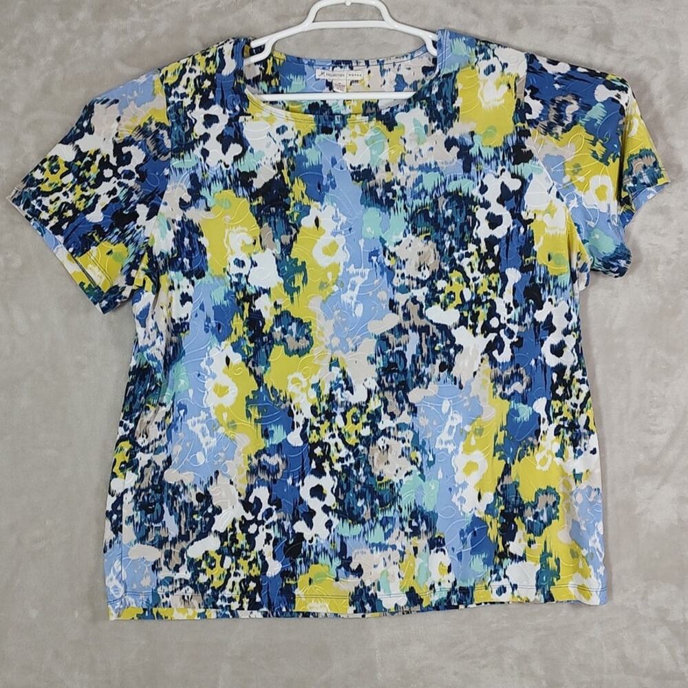 JM Collection Womens Plus Size 2X Short Sleeve Pullover Top Blue Yellow Abstract